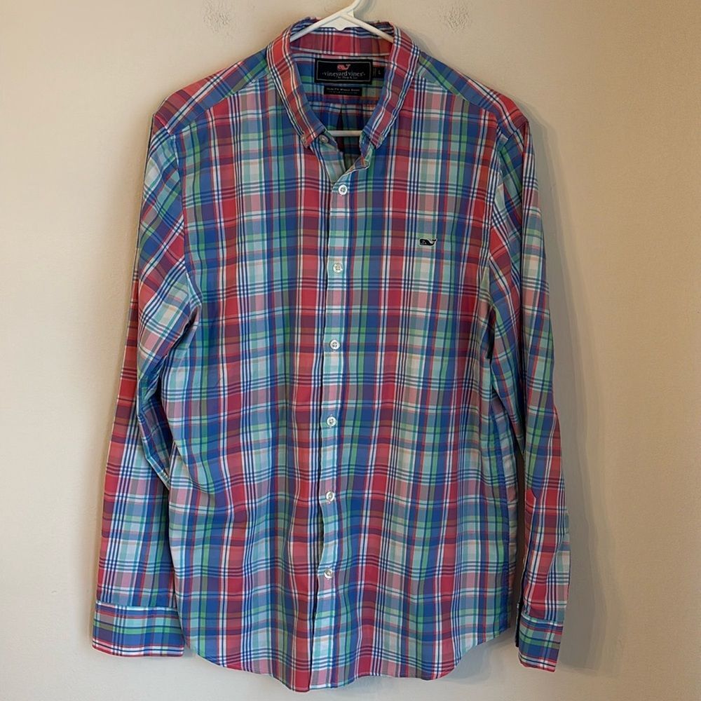 Vineyard Vines Men’s pastel plaid long sleeve slim fit whale shirt office large